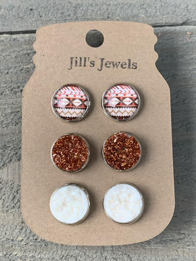 Fall Aztec Brown Orange Faux Druzy Earring 3 Set - Jill's Jewels | Unique, Handcrafted, Trendy, And Fun Jewelry