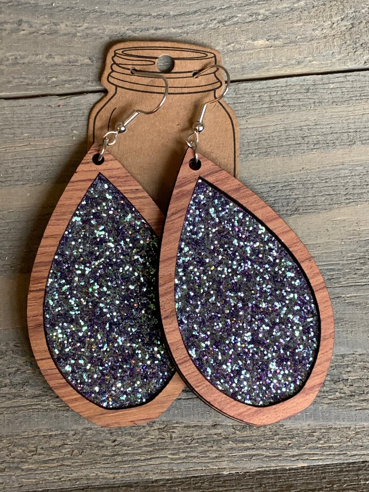 Iridescent Blue Glitter Wood Teardrop Earrings - Jill's Jewels | Unique, Handcrafted, Trendy, And Fun Jewelry