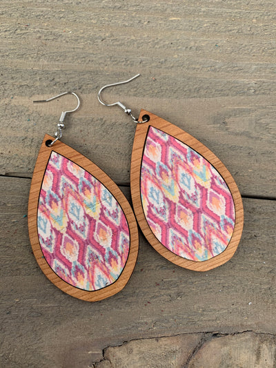 Pink Aztec Cork and Wood Teardrop Earrings - Jill's Jewels | Unique, Handcrafted, Trendy, And Fun Jewelry
