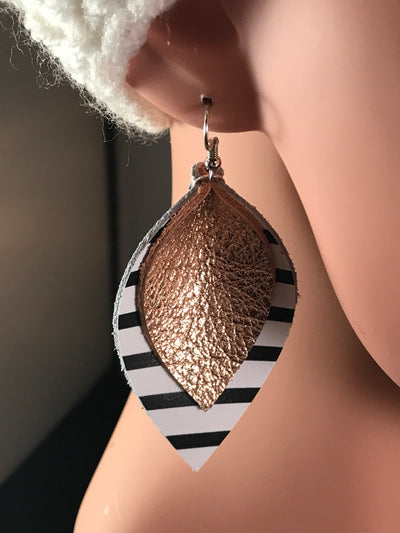Rose gold Leather earrings with black and white stripes - Jill's Jewels | Unique, Handcrafted, Trendy, And Fun Jewelry