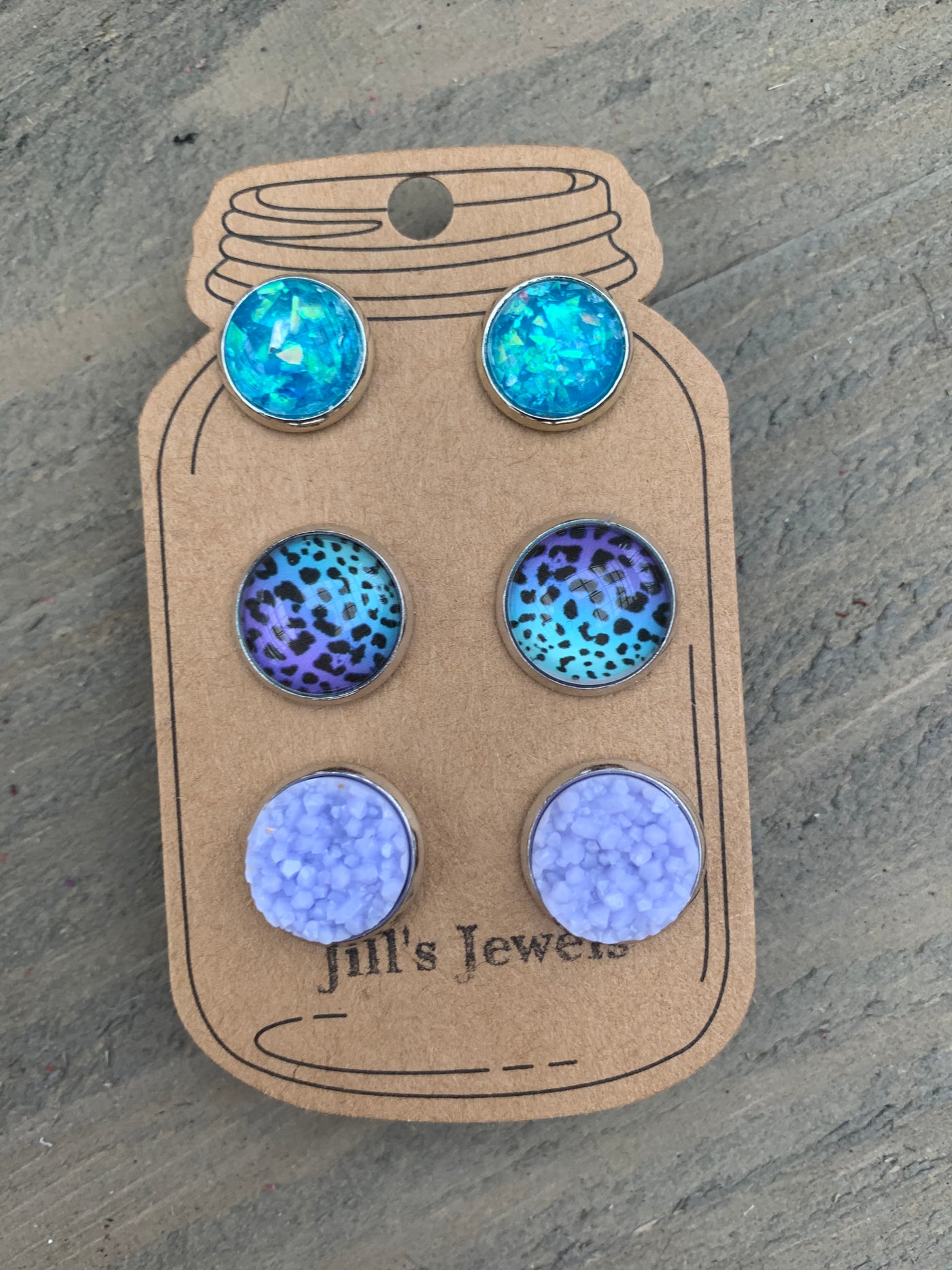 Blue and Purple Leopard Faux Druzy Earring 3 Set - Jill's Jewels | Unique, Handcrafted, Trendy, And Fun Jewelry