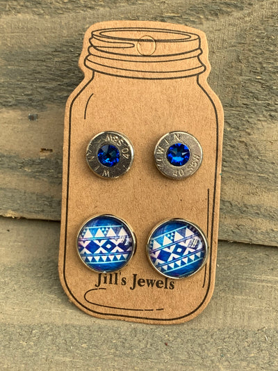 Blue and White Aztec 40 Caliber bullet earring set - Jill's Jewels | Unique, Handcrafted, Trendy, And Fun Jewelry