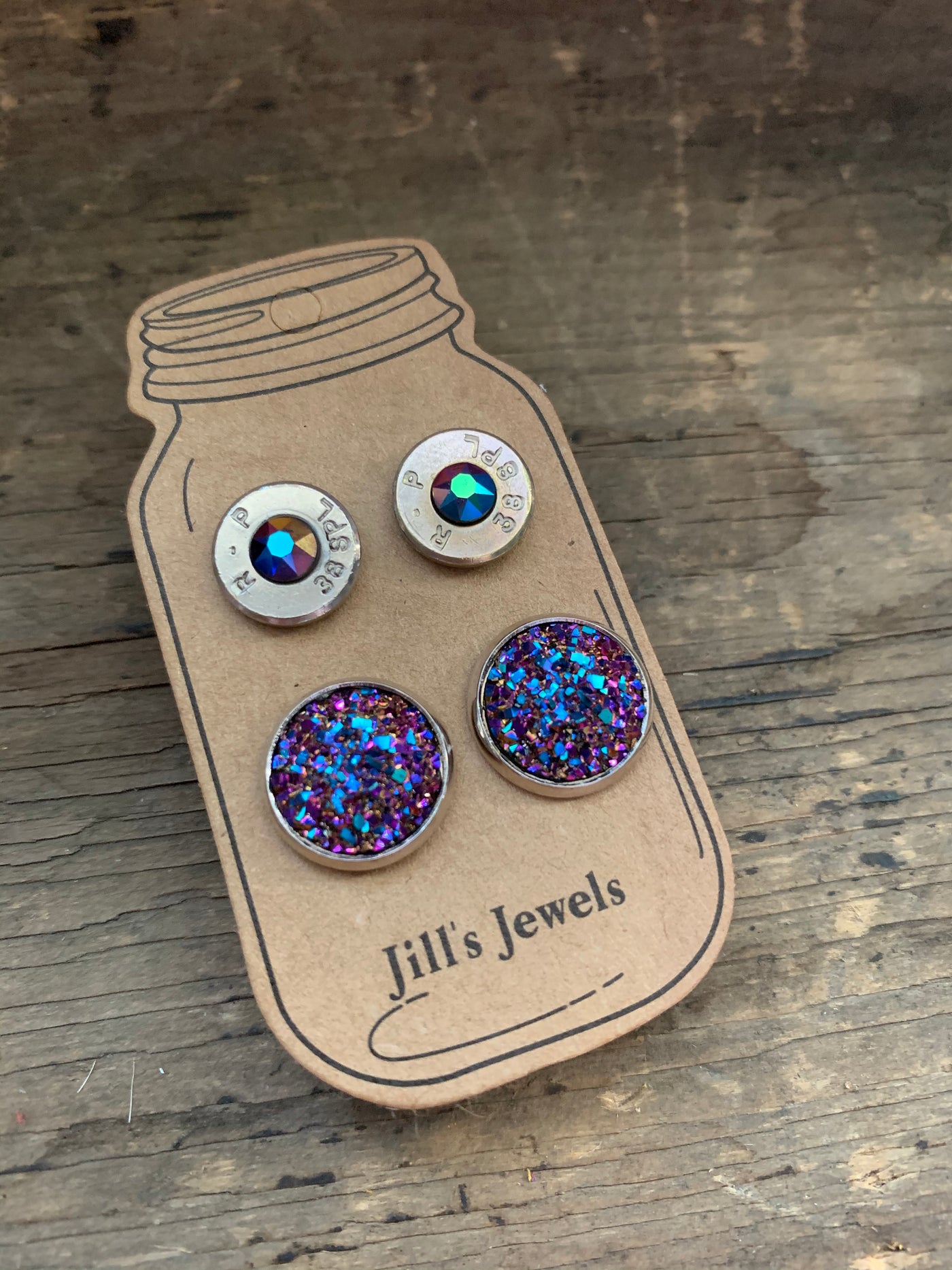 Blue Rainbow Druzy and 38 Special bullet earring set - Jill's Jewels | Unique, Handcrafted, Trendy, And Fun Jewelry
