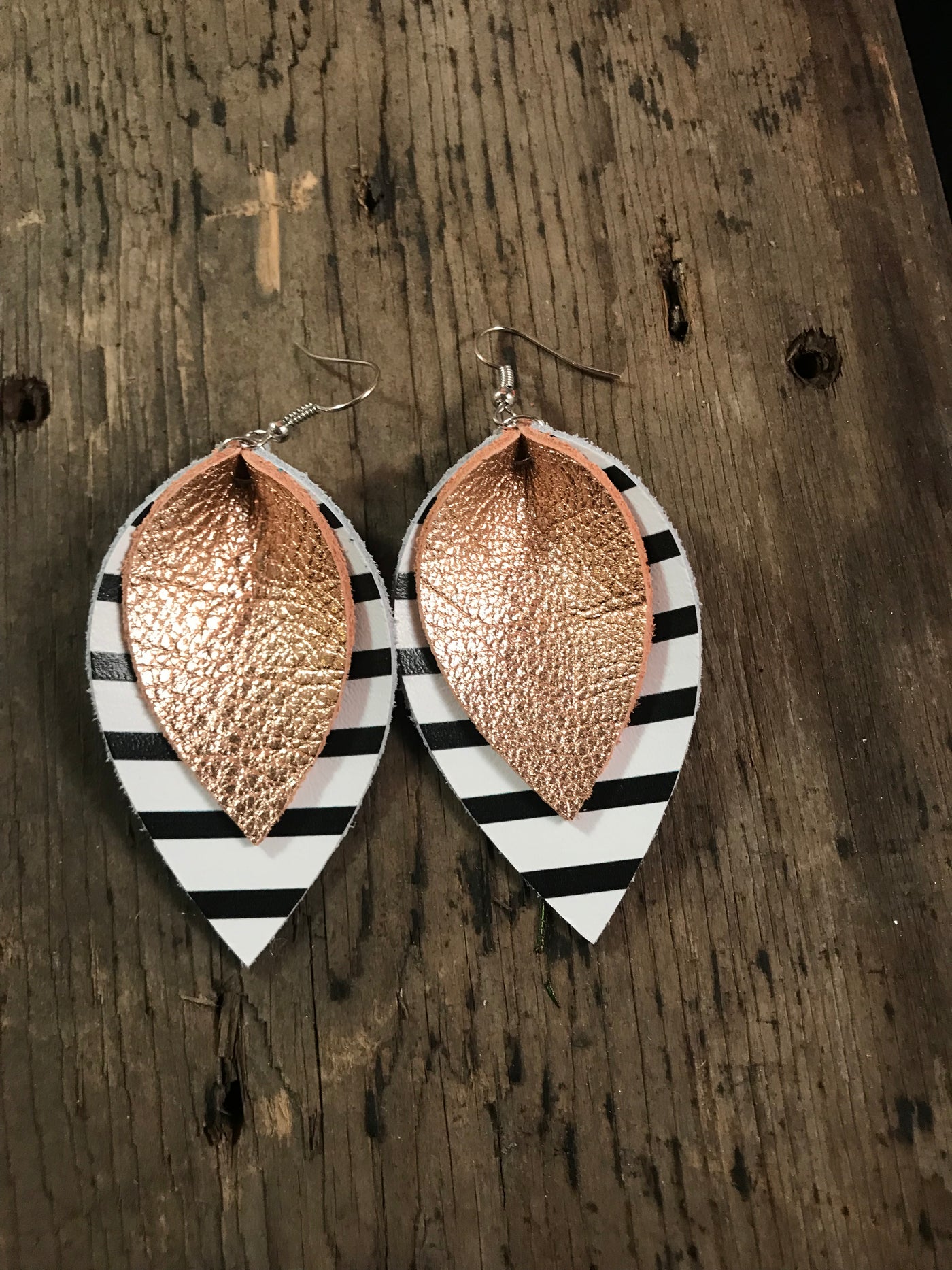 Rose gold Leather earrings with black and white stripes - Jill's Jewels | Unique, Handcrafted, Trendy, And Fun Jewelry