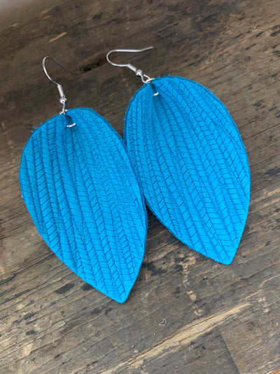 Bright Blue Palm Leaf Leather Earrings - Jill's Jewels | Unique, Handcrafted, Trendy, And Fun Jewelry