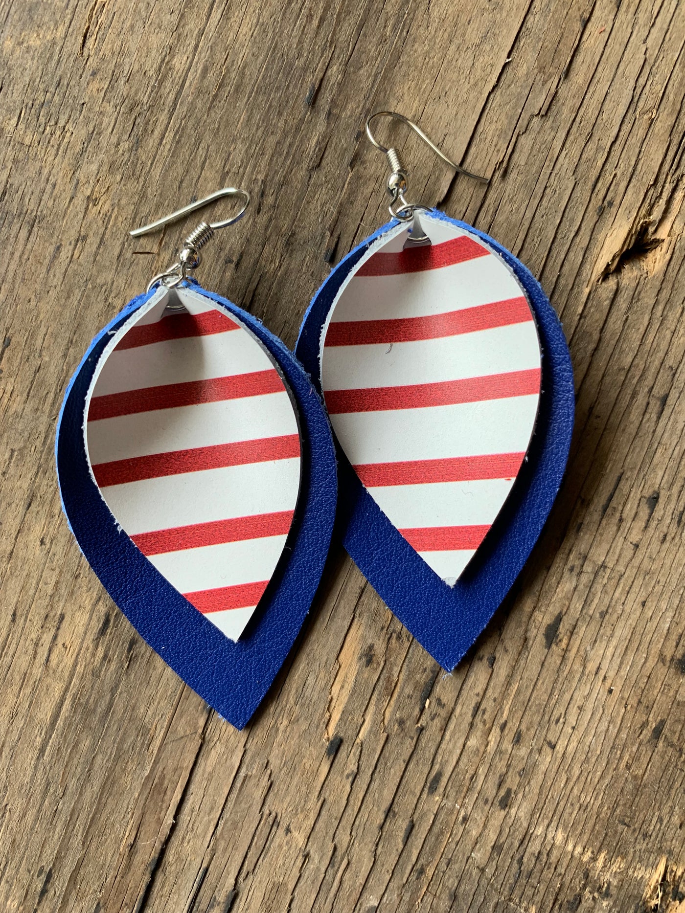 Blue Leather earrings with red and white stripes - Jill's Jewels | Unique, Handcrafted, Trendy, And Fun Jewelry