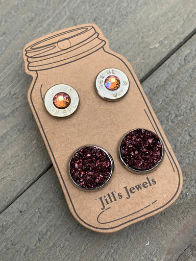Maroon Brown Sparkle 38 Caliber bullet earring set - Jill's Jewels | Unique, Handcrafted, Trendy, And Fun Jewelry