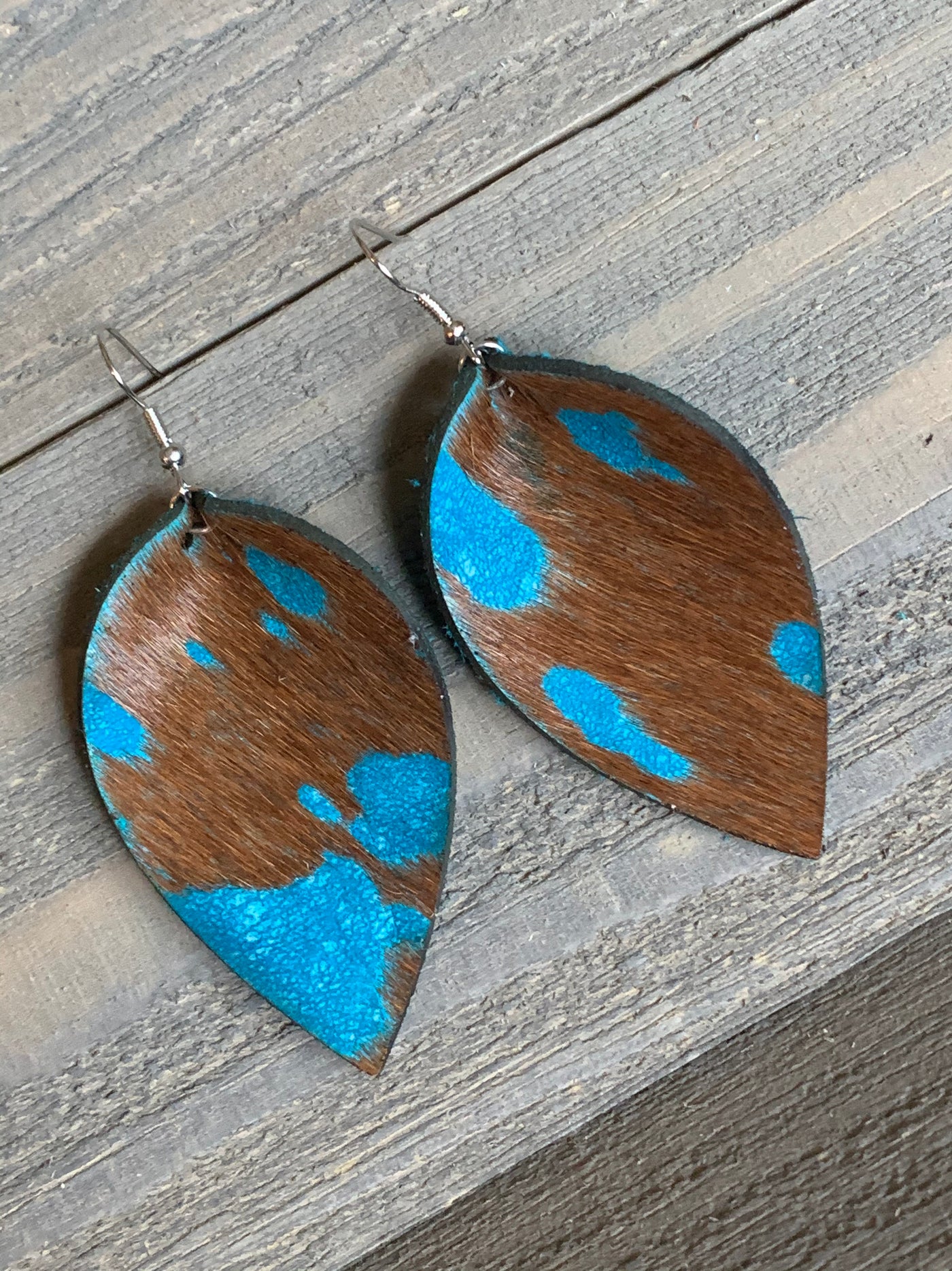 Turquoise Acid Wash Hair On Leather Earrings - Jill's Jewels | Unique, Handcrafted, Trendy, And Fun Jewelry