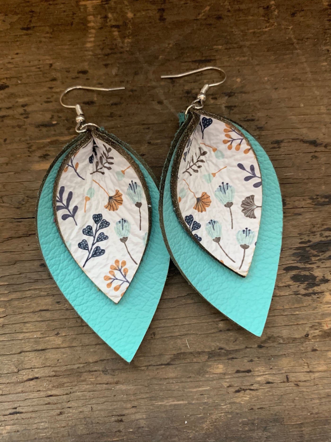 Teal Floral Double Layer Leather Earrings - Jill's Jewels | Unique, Handcrafted, Trendy, And Fun Jewelry