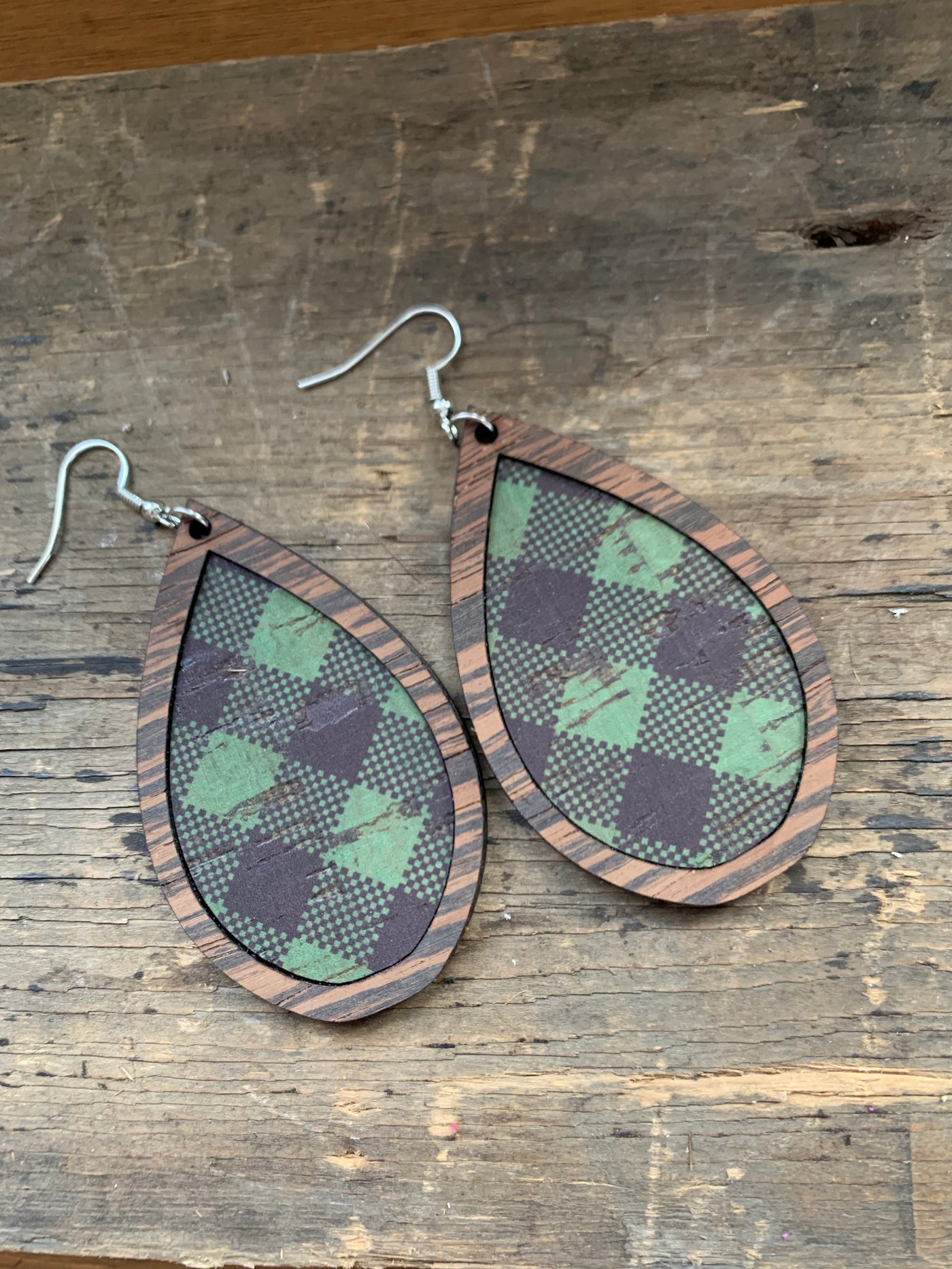 Green and Black Plaid Cork Wood Teardrop Earrings - Jill's Jewels | Unique, Handcrafted, Trendy, And Fun Jewelry
