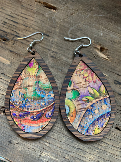 Rainbow Floral with Gold Cork Wood Teardrop Earrings - Jill's Jewels | Unique, Handcrafted, Trendy, And Fun Jewelry