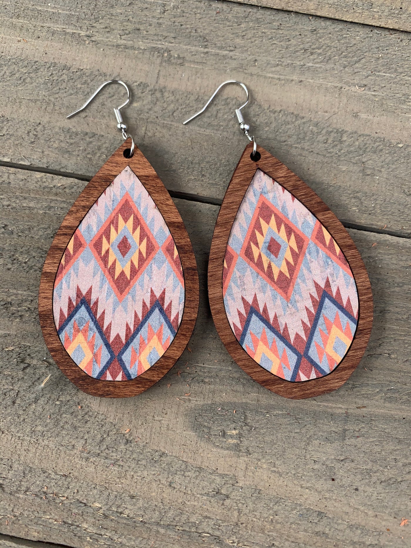 Blue and Orange Aztec Cork and Wood Teardrop Earrings - Jill's Jewels | Unique, Handcrafted, Trendy, And Fun Jewelry