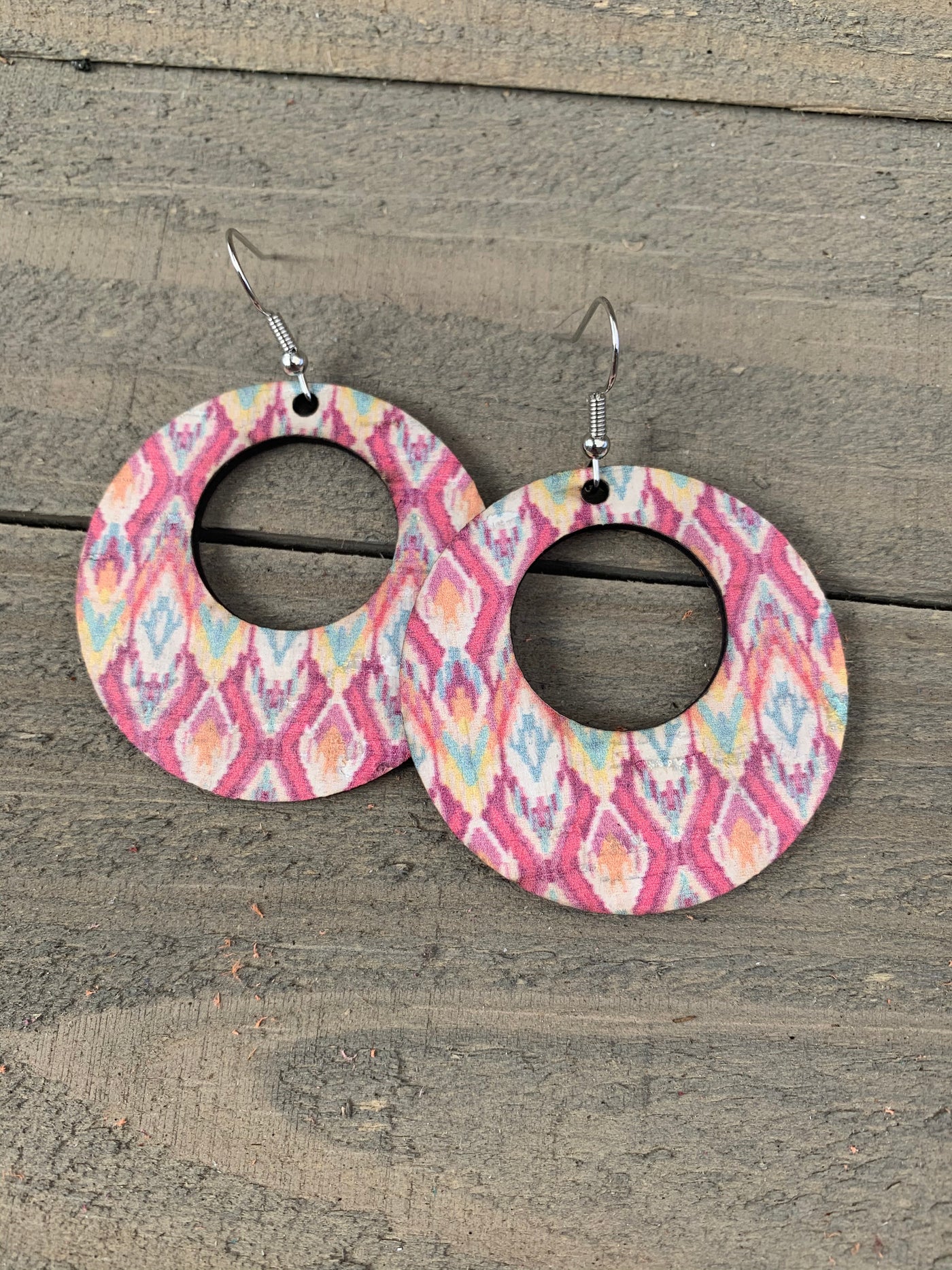 Pink Aztec Round Cork Leather Earring - Jill's Jewels | Unique, Handcrafted, Trendy, And Fun Jewelry
