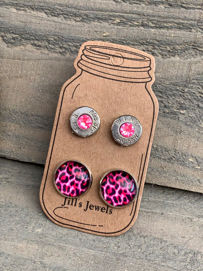 Hot Pink Leopard 40 Caliber bullet earring set - Jill's Jewels | Unique, Handcrafted, Trendy, And Fun Jewelry