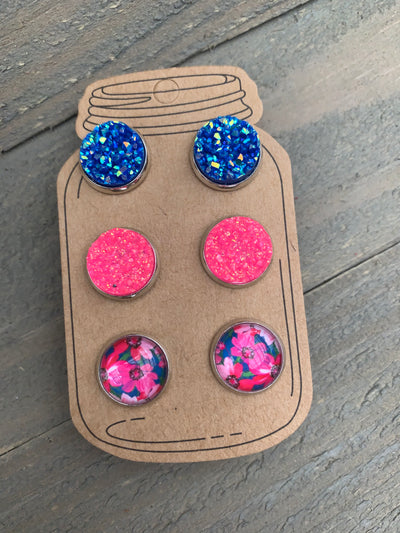 Blue and Hot Pink Floral Faux Druzy Earring 3 Set - Jill's Jewels | Unique, Handcrafted, Trendy, And Fun Jewelry