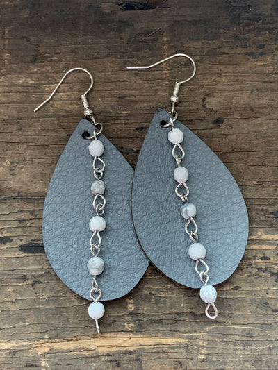 Grey Leather Earrings with White Gemstone Chain - Jill's Jewels | Unique, Handcrafted, Trendy, And Fun Jewelry
