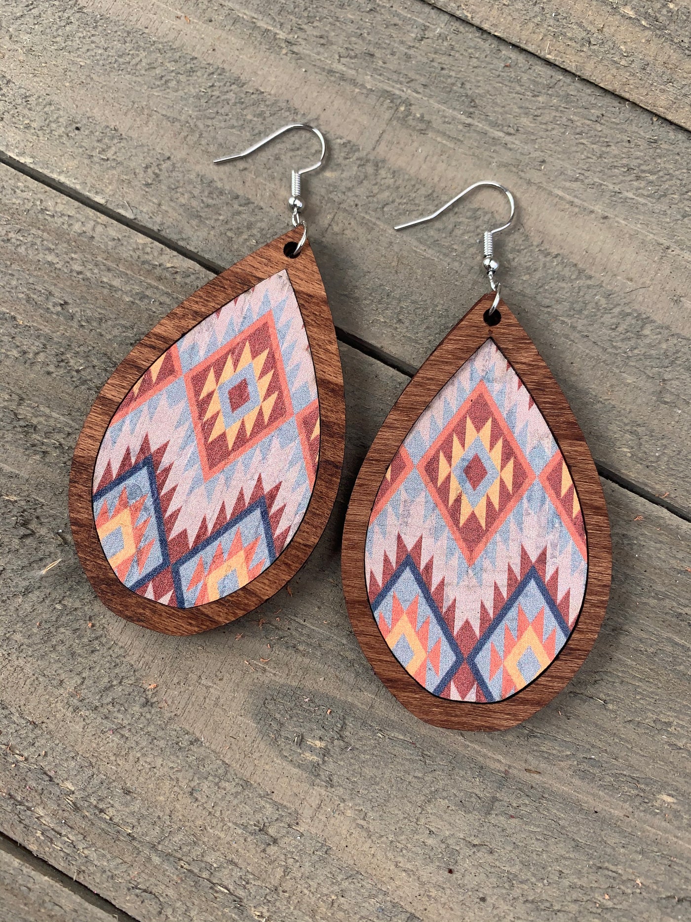 Blue and Orange Aztec Cork and Wood Teardrop Earrings - Jill's Jewels | Unique, Handcrafted, Trendy, And Fun Jewelry