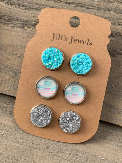 Pastel Aztec Turquoise Faux Druzy Earring 3 Set - Jill's Jewels | Unique, Handcrafted, Trendy, And Fun Jewelry