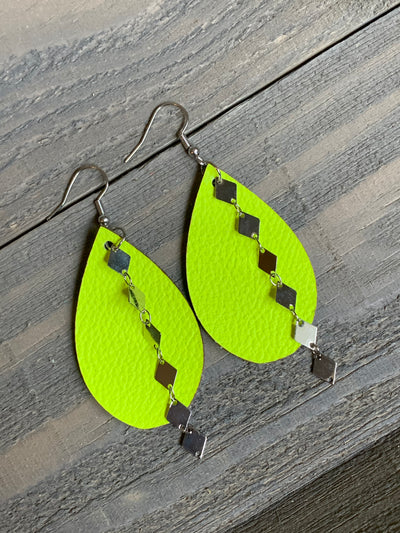 Neon Yellow Leather Earrings with Silver Diamond Chain - Jill's Jewels | Unique, Handcrafted, Trendy, And Fun Jewelry