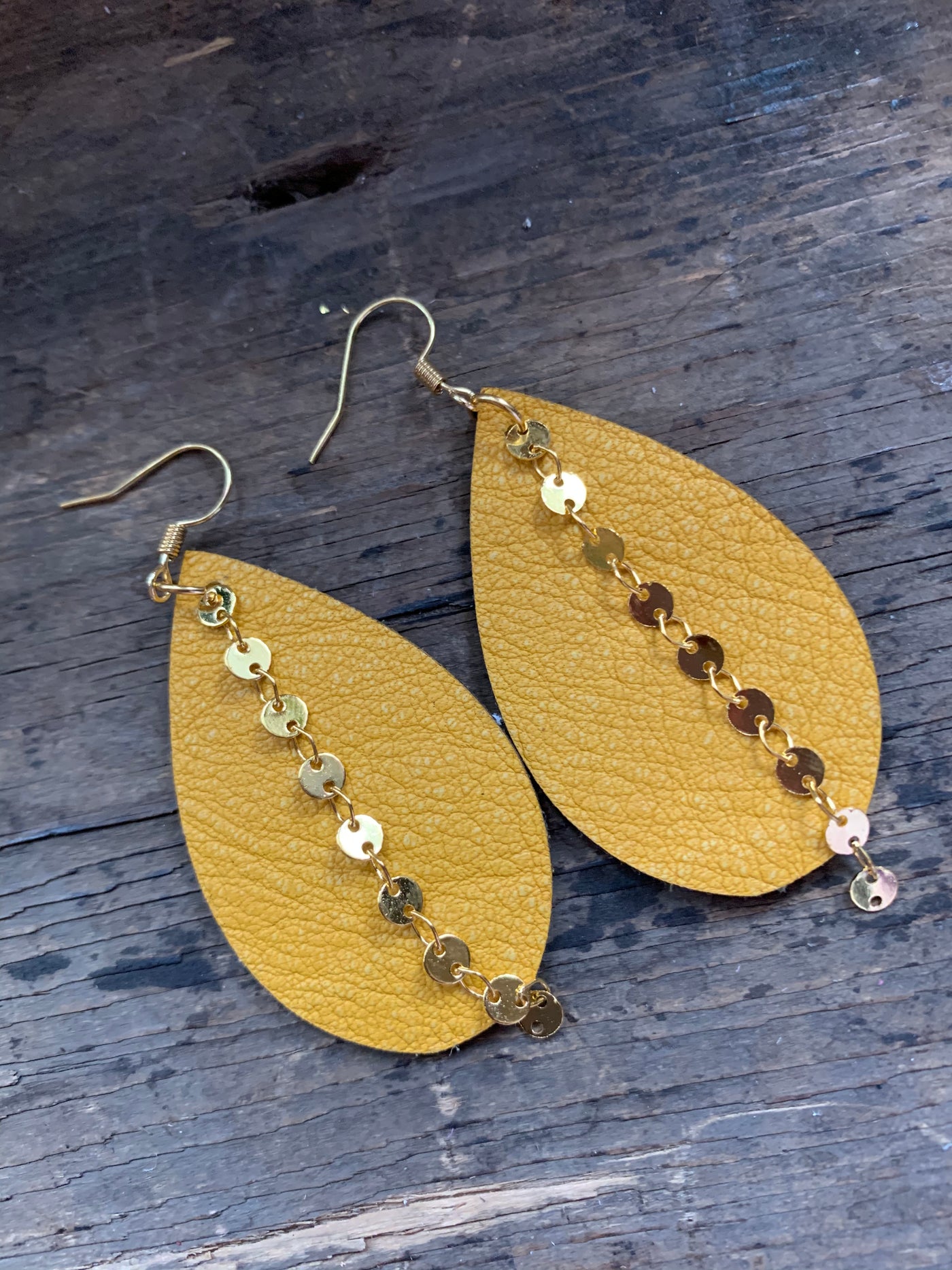 Mustard Yellow Leather Earrings with gold coin chain - Jill's Jewels | Unique, Handcrafted, Trendy, And Fun Jewelry