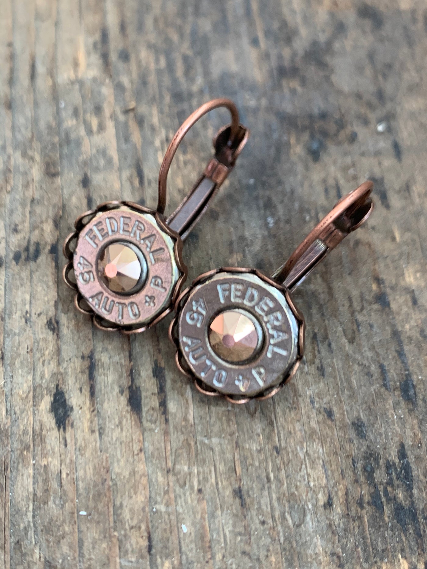 Copper and Rose Gold lever back earrings with 45 Auto bullets - Jill's Jewels | Unique, Handcrafted, Trendy, And Fun Jewelry