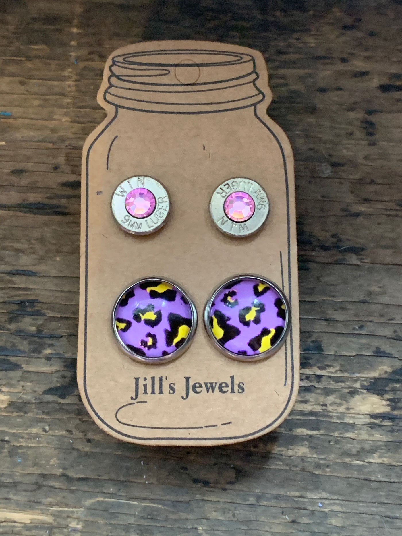 Bright Purple and Yellow Leopard Print and 9mm bullet earring set - Jill's Jewels | Unique, Handcrafted, Trendy, And Fun Jewelry