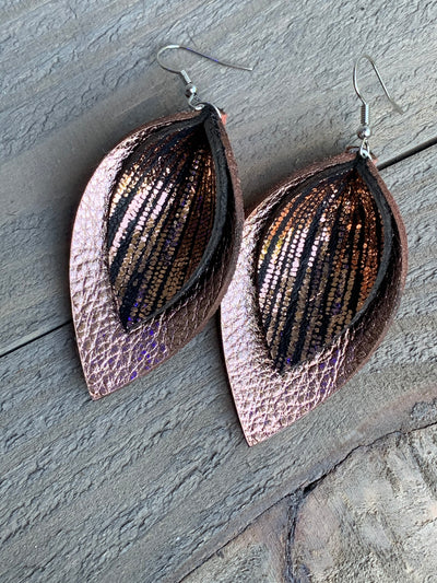Rose Gold Black Rain leather earrings - Jill's Jewels | Unique, Handcrafted, Trendy, And Fun Jewelry
