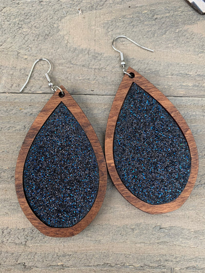 Navy Blue Glitter and Wood Teardrop Earrings - Jill's Jewels | Unique, Handcrafted, Trendy, And Fun Jewelry