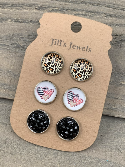 Leopard Stripe Hearts Faux Druzy Earring 3 Set - Jill's Jewels | Unique, Handcrafted, Trendy, And Fun Jewelry