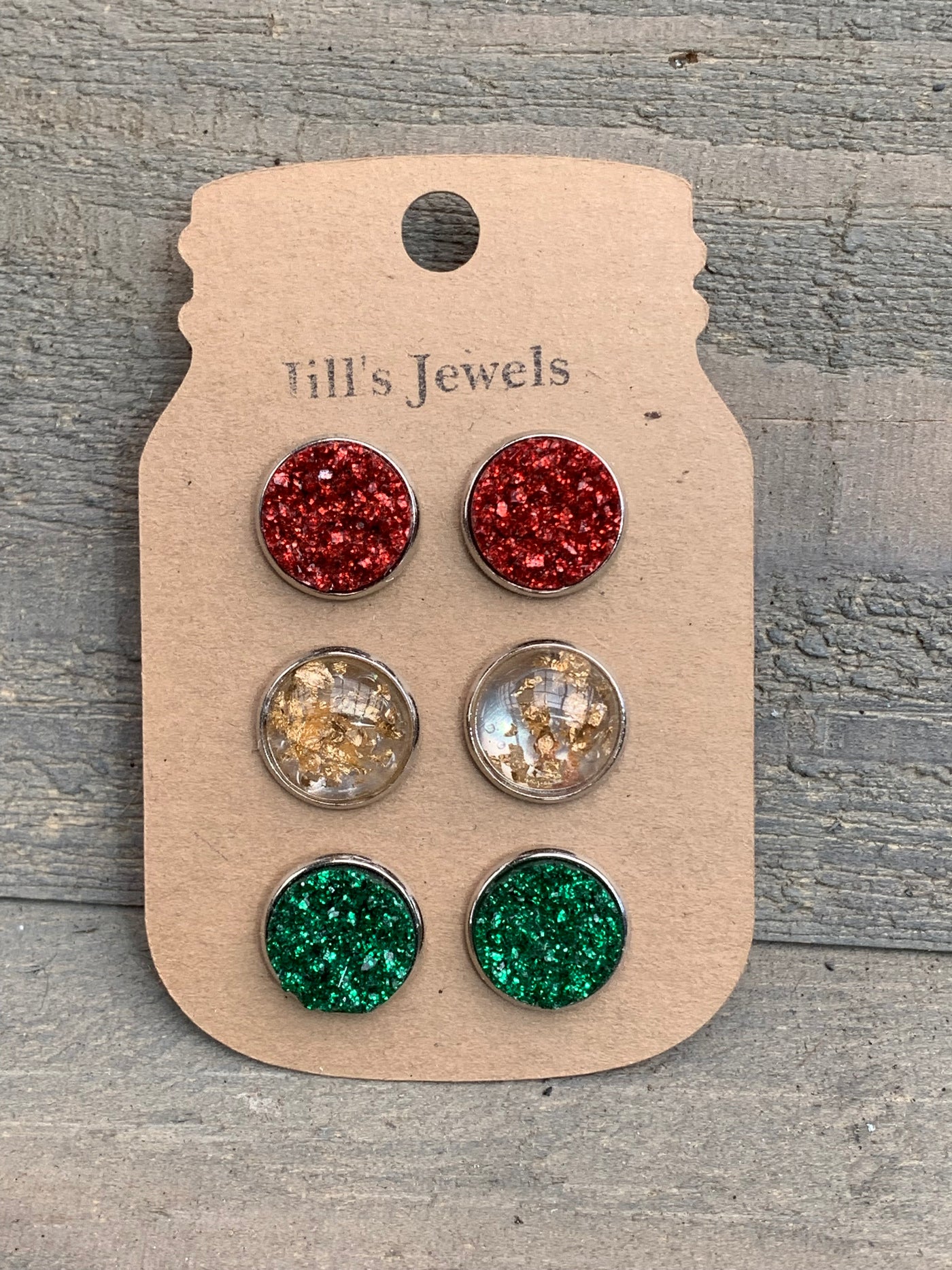 Red, Green and Gold Christmas Faux Druzy Earring 3 Set - Jill's Jewels | Unique, Handcrafted, Trendy, And Fun Jewelry