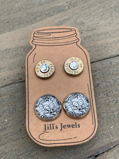 Black and White Lace 40 Caliber bullet earring set - Jill's Jewels | Unique, Handcrafted, Trendy, And Fun Jewelry