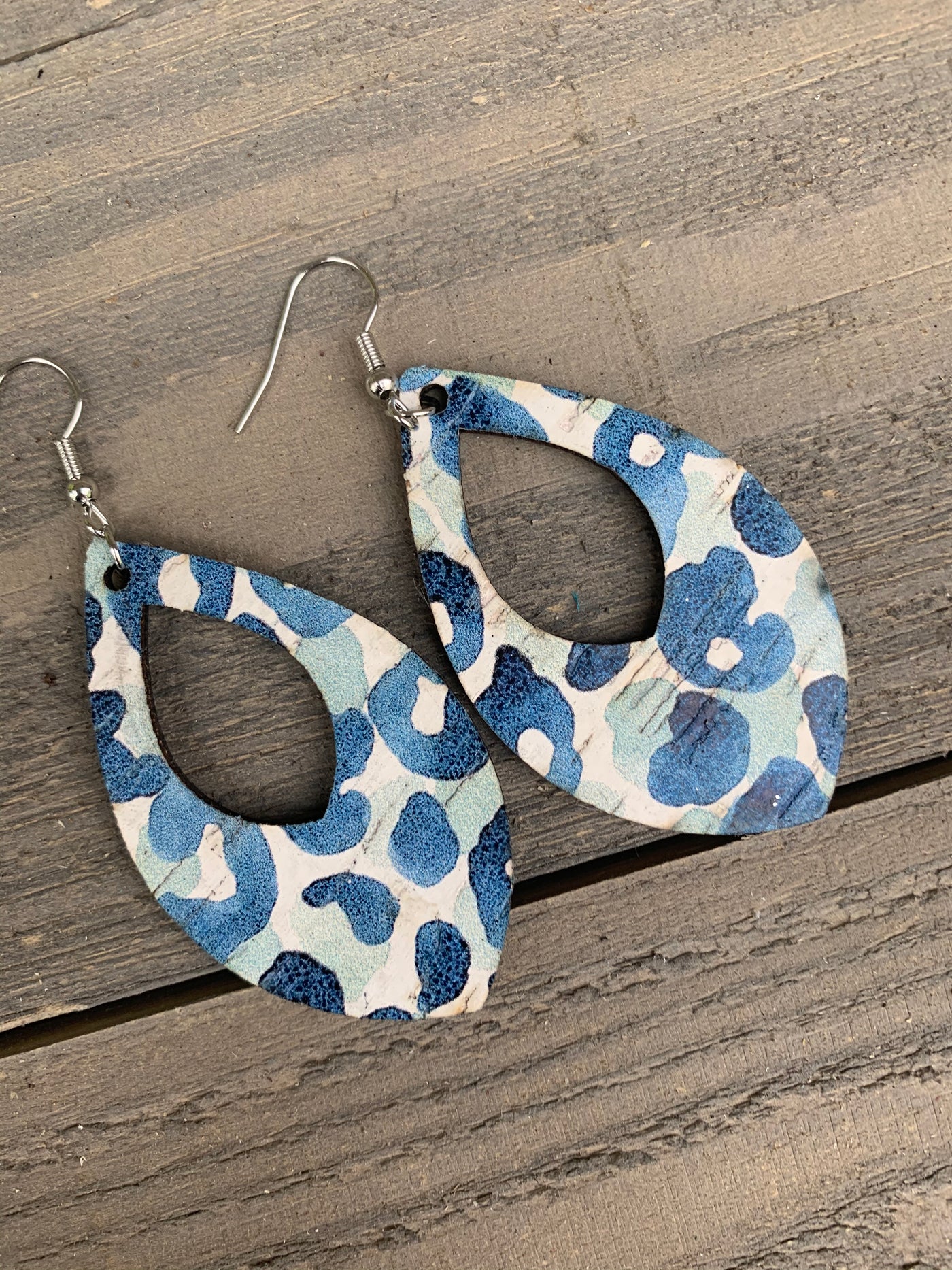 Blue Watercolor Leopard Cork Teardrop Earring - Jill's Jewels | Unique, Handcrafted, Trendy, And Fun Jewelry