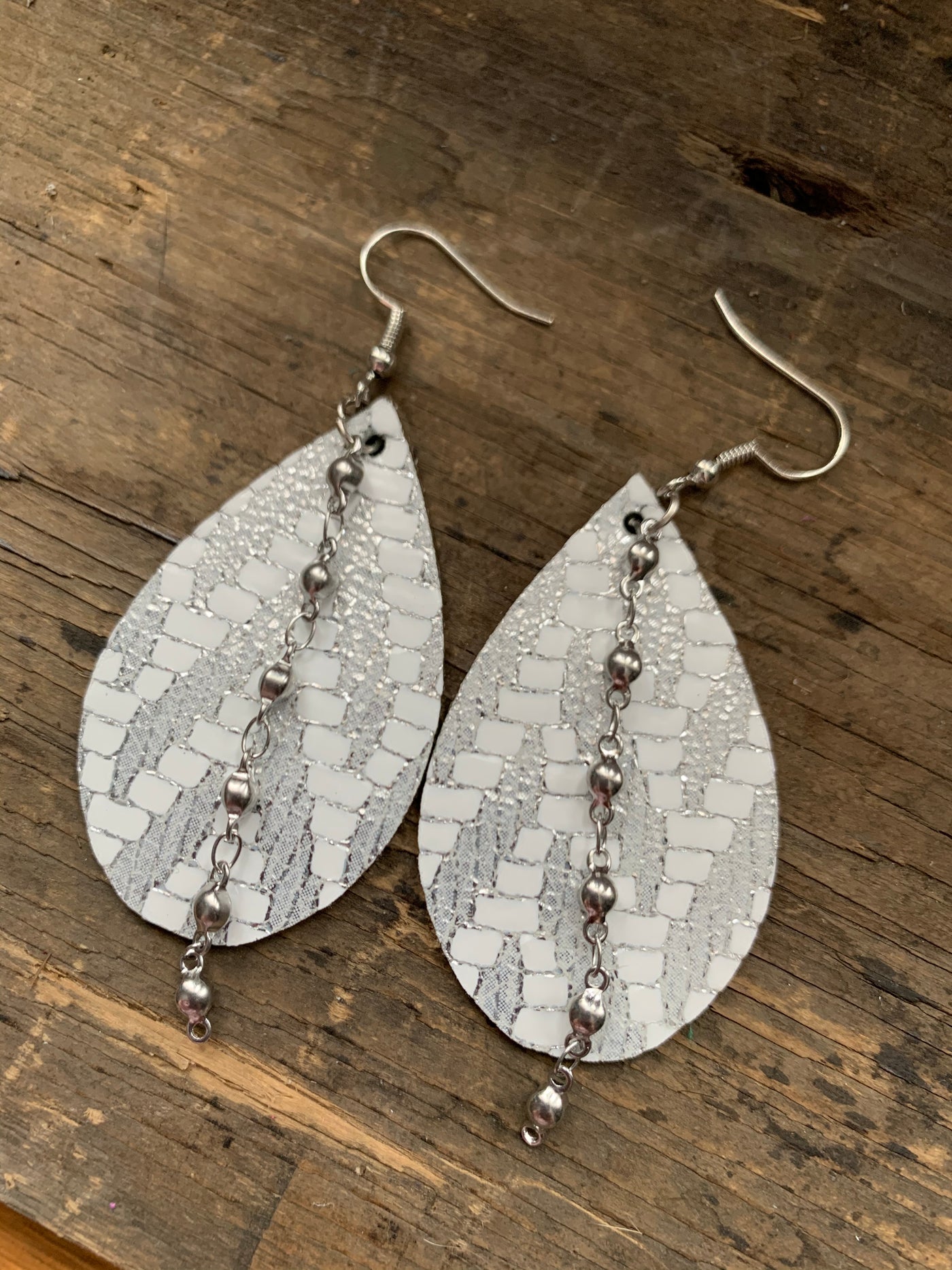 Silver and White Chevron Leather Earrings with Silver Ball Chain - Jill's Jewels | Unique, Handcrafted, Trendy, And Fun Jewelry