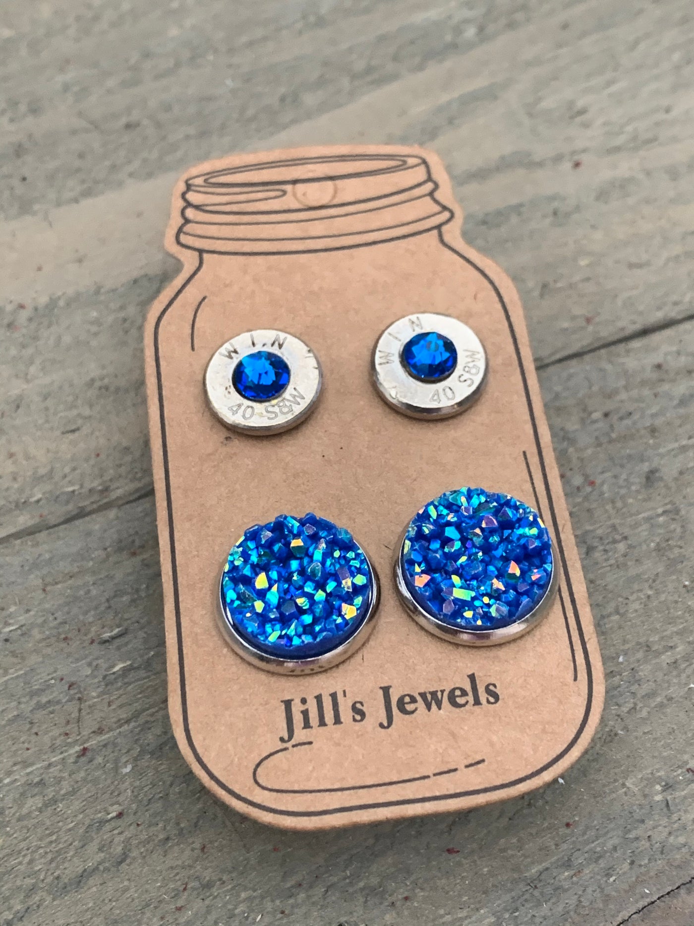 Blue Druzy 40 Caliber bullet earring set - Jill's Jewels | Unique, Handcrafted, Trendy, And Fun Jewelry