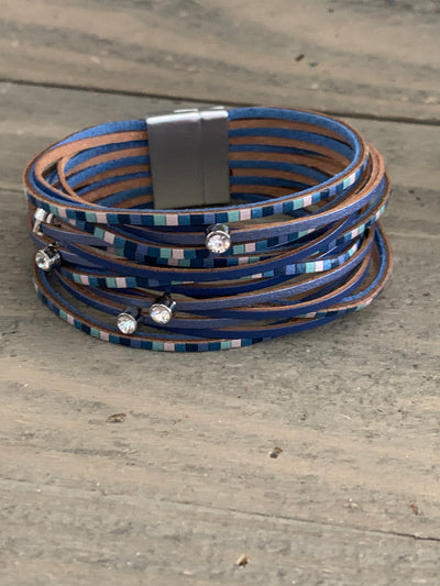 Blue Tiled Leather Magnetic Bracelet - Jill's Jewels | Unique, Handcrafted, Trendy, And Fun Jewelry