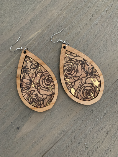 Black and Gold Floral Cork and Wood Teardrop Earrings - Jill's Jewels | Unique, Handcrafted, Trendy, And Fun Jewelry