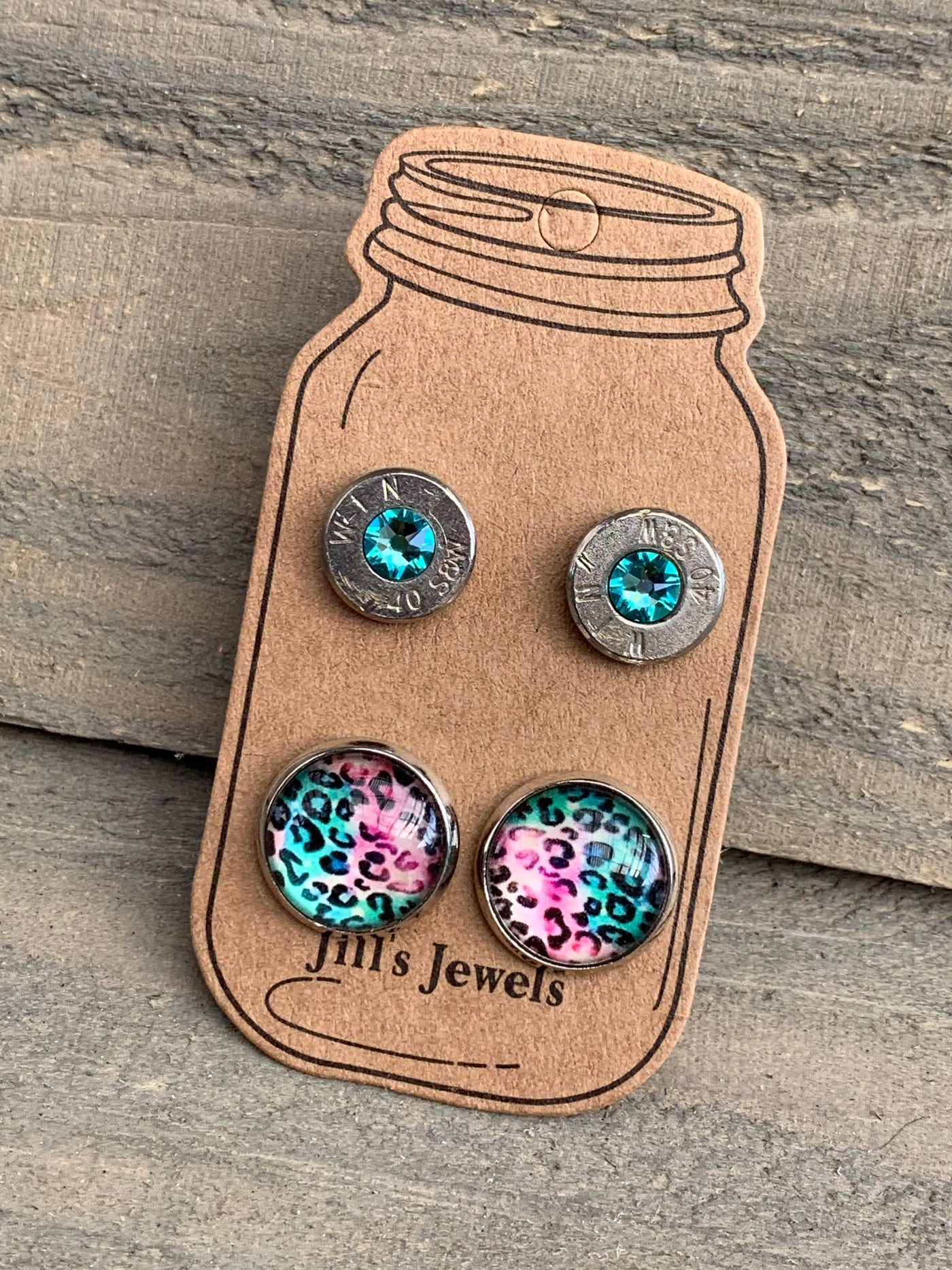Mint and Pink Leopard 40 Caliber bullet earring set - Jill's Jewels | Unique, Handcrafted, Trendy, And Fun Jewelry