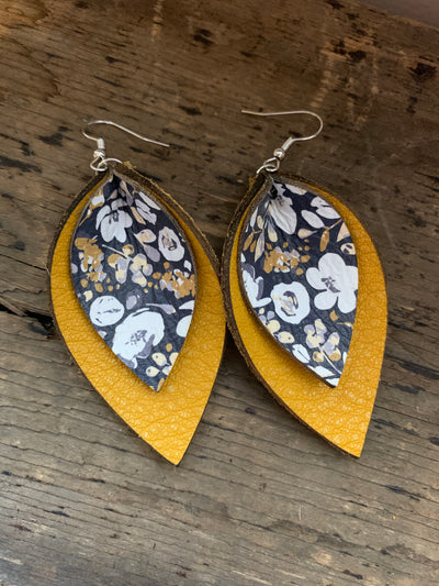 Mustard and Navy Poppy Double Layer Leather Earrings - Jill's Jewels | Unique, Handcrafted, Trendy, And Fun Jewelry