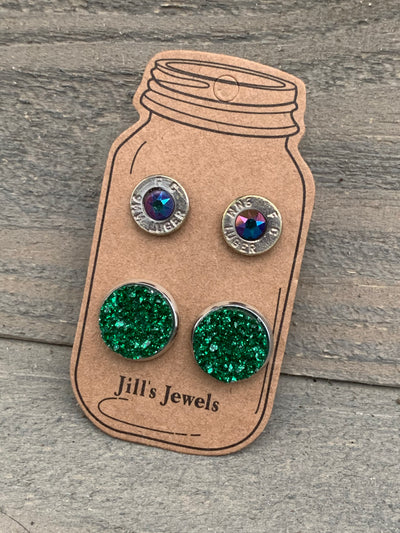 Green Druzy and 9mm bullet earring set - Jill's Jewels | Unique, Handcrafted, Trendy, And Fun Jewelry