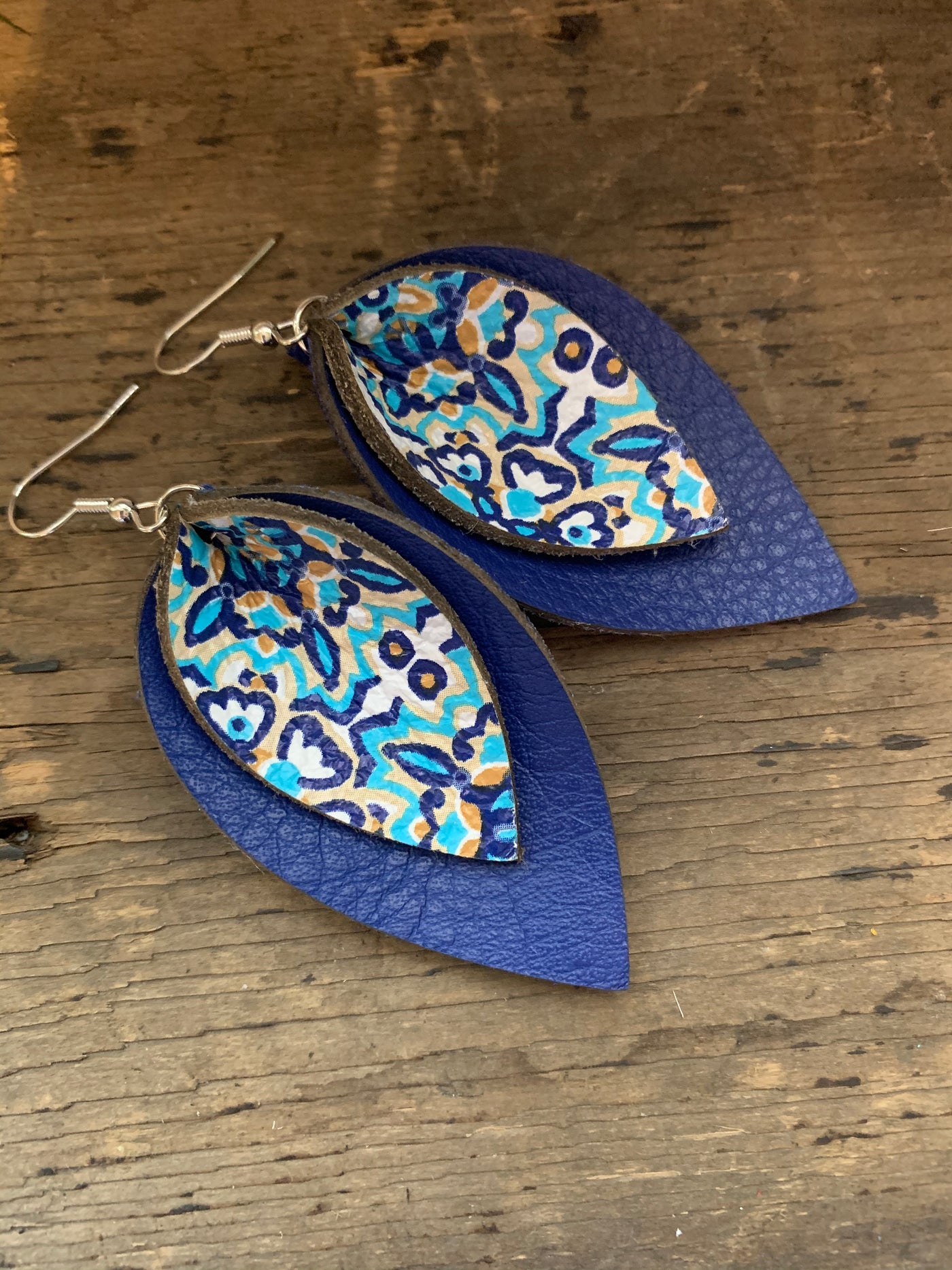 Blue and Teal Mosaic Double Layer Leather Earrings - Jill's Jewels | Unique, Handcrafted, Trendy, And Fun Jewelry