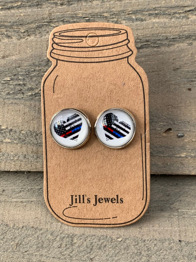 Thin Red and Blue Line Heart Stud Earrings - Jill's Jewels | Unique, Handcrafted, Trendy, And Fun Jewelry