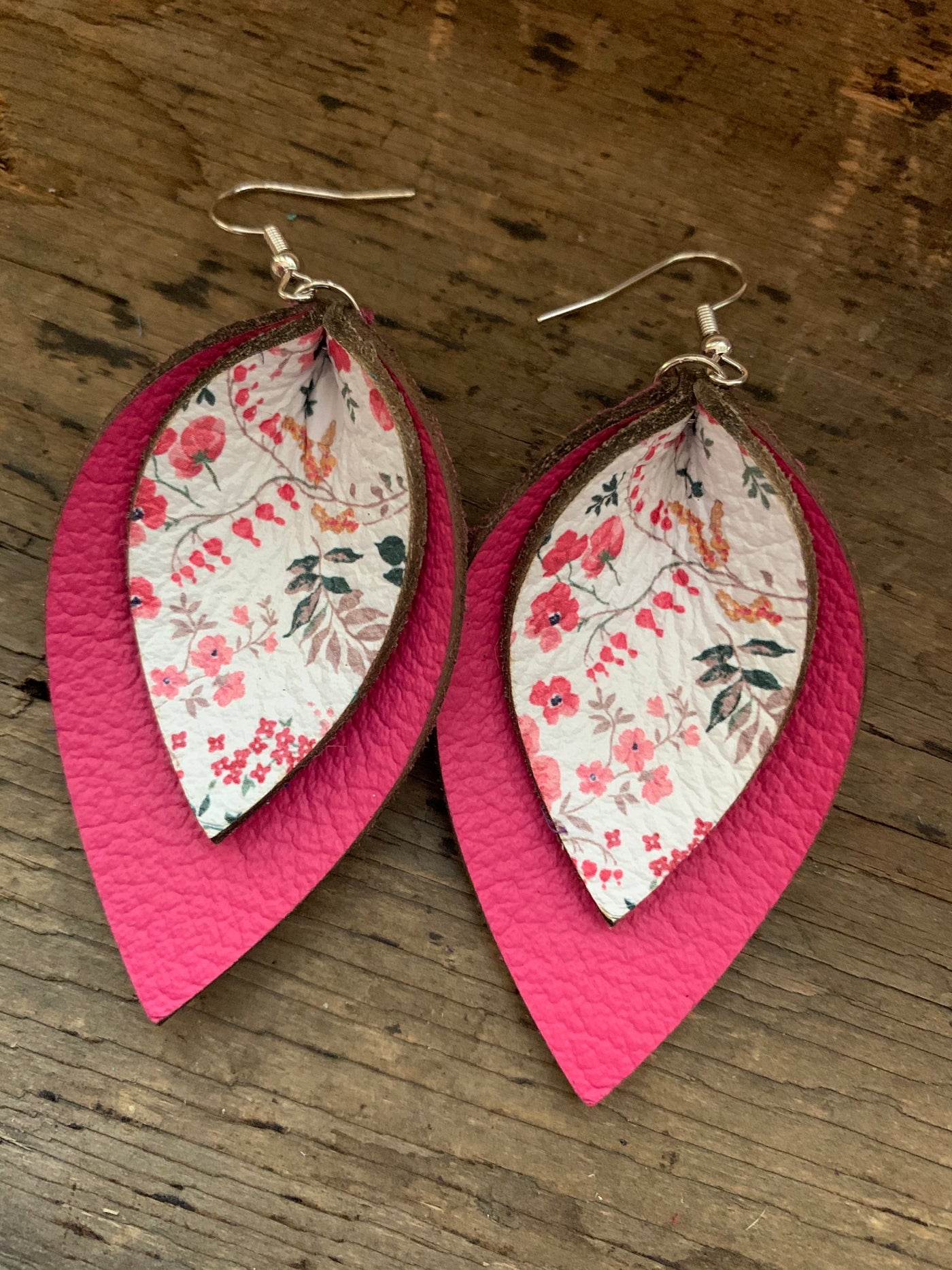 Pink Floral Double Layer Leather Earrings - Jill's Jewels | Unique, Handcrafted, Trendy, And Fun Jewelry