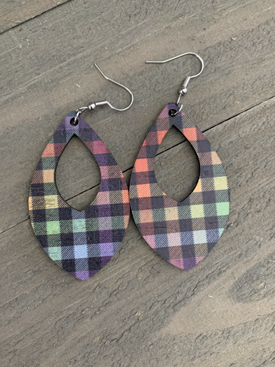 Rainbow and Black Plaid Cork Teardrop Earring - Jill's Jewels | Unique, Handcrafted, Trendy, And Fun Jewelry