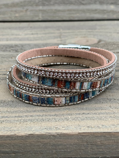 Teal Blue Brown Rhinestone Double Wrap Magnetic Bracelet - Jill's Jewels | Unique, Handcrafted, Trendy, And Fun Jewelry