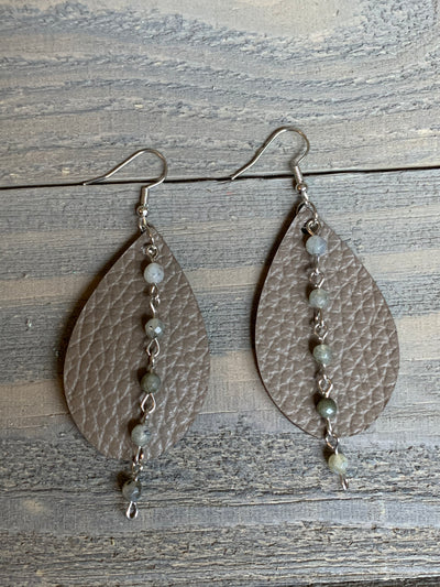Taupe Leather Earrings with Labradorite Gemstone Chain - Jill's Jewels | Unique, Handcrafted, Trendy, And Fun Jewelry