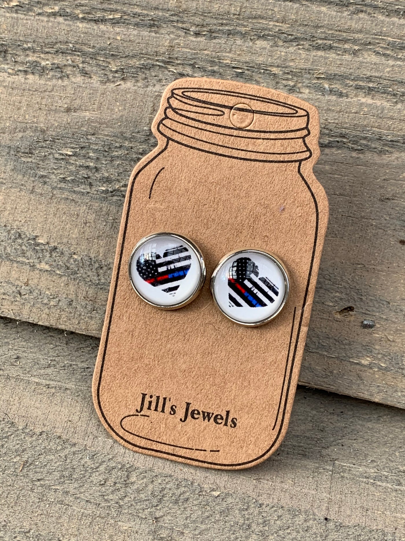 Thin Red and Blue Line Heart Stud Earrings - Jill's Jewels | Unique, Handcrafted, Trendy, And Fun Jewelry