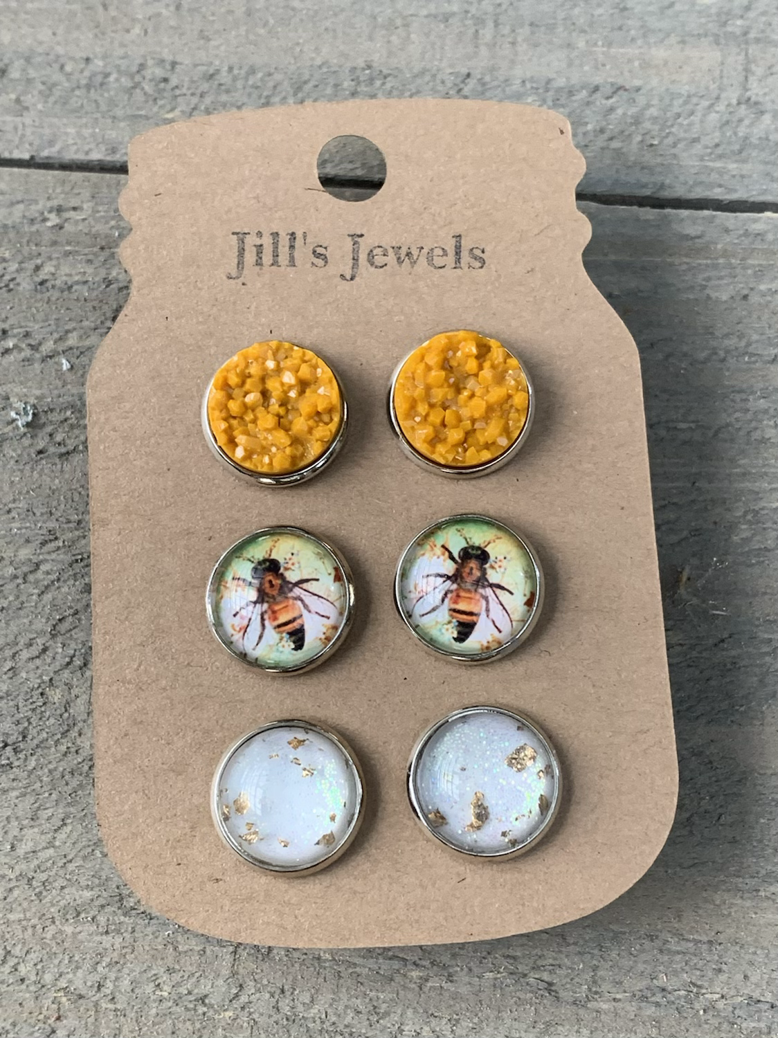Mustard Vintage Bee Faux Druzy Earring 3 Set - Jill's Jewels | Unique, Handcrafted, Trendy, And Fun Jewelry