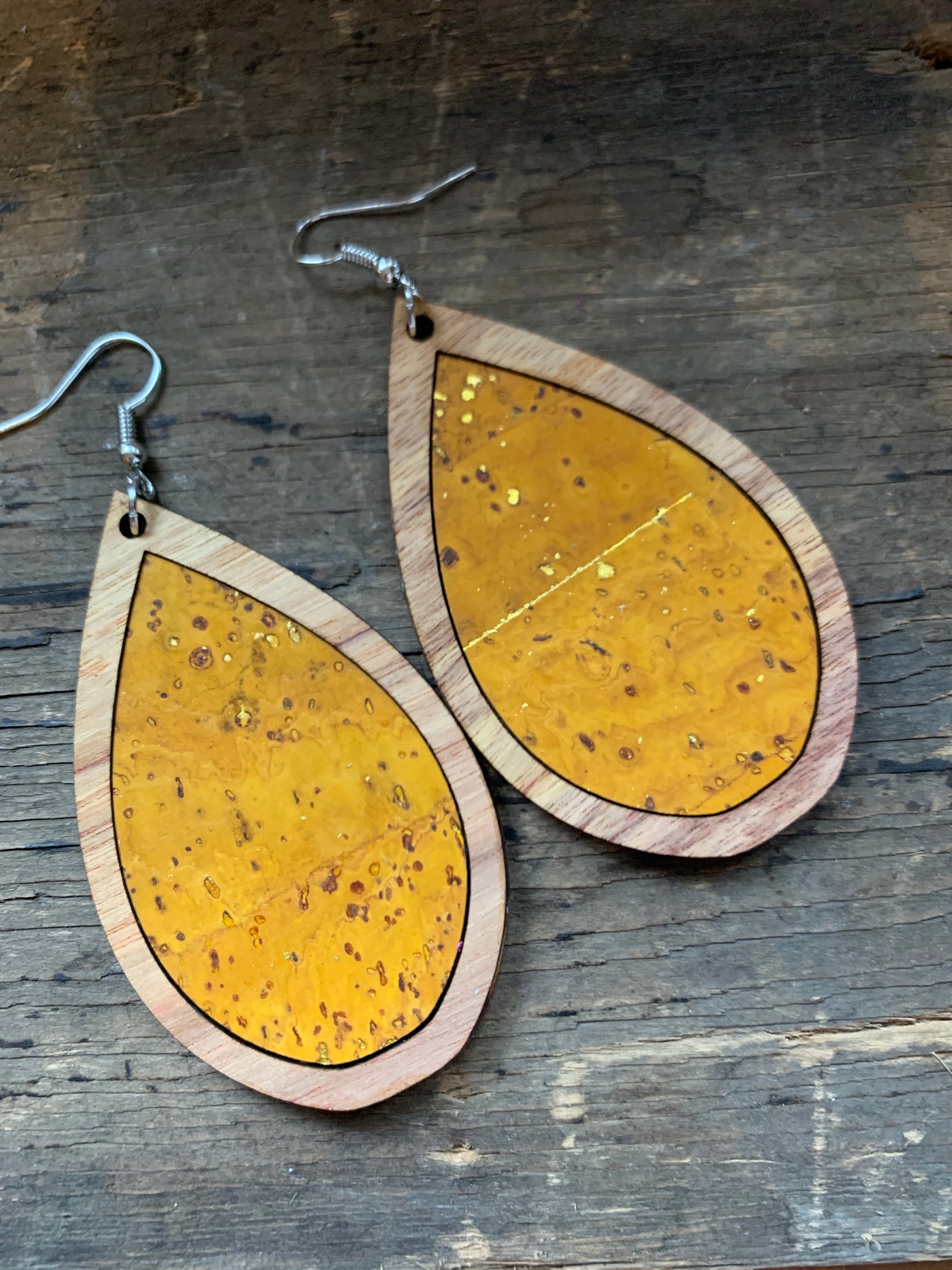 Mustard Yellow Cork Wood Teardrop Earrings - Jill's Jewels | Unique, Handcrafted, Trendy, And Fun Jewelry