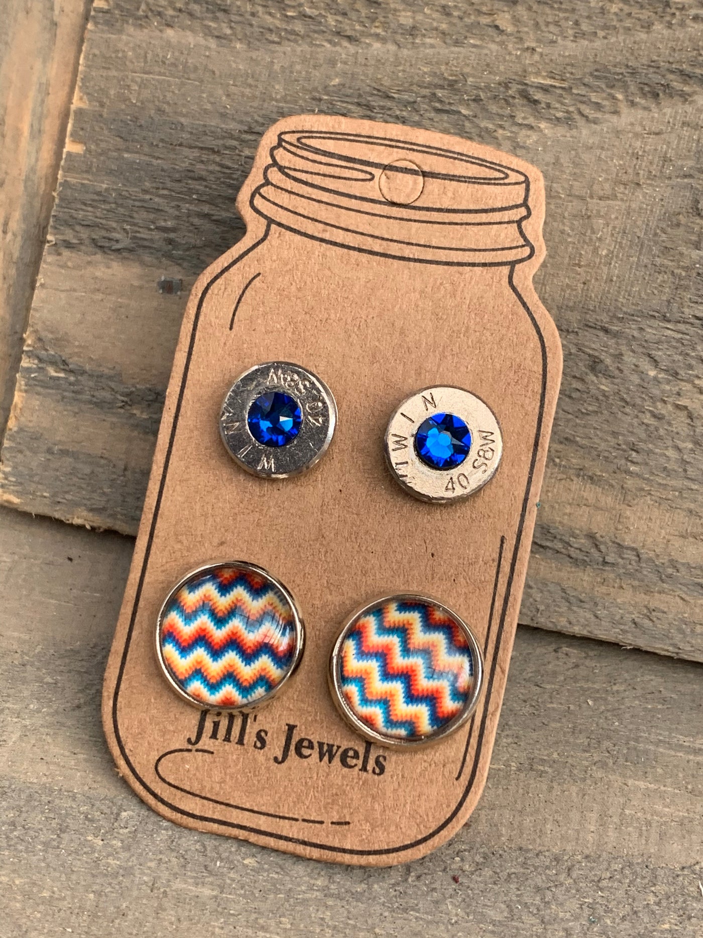 Blue and Yellow Aztec 40 Caliber bullet earring set - Jill's Jewels | Unique, Handcrafted, Trendy, And Fun Jewelry