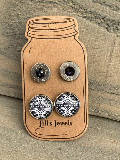 Black and White Aztec 40 Caliber bullet earring set - Jill's Jewels | Unique, Handcrafted, Trendy, And Fun Jewelry